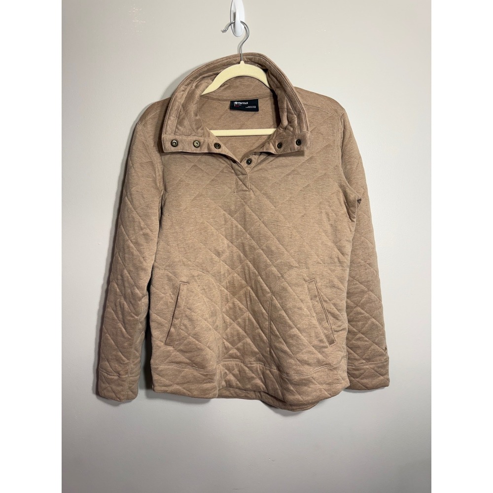 Marmot Quilted Snap Neck Pullover Sweatshirt Women M Tan Casual Comfort